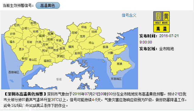 深圳天气（7.25）：天气酷热 气温28-35℃