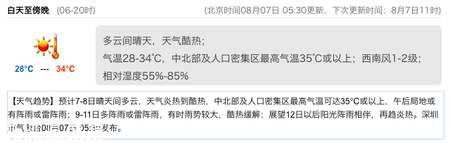 深圳天气（8.7）：天气酷热 气温28-34℃