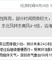 深圳天气（8.16）：阴天有阵雨 气温25-29℃